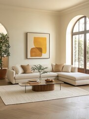 Modern minimalist living room, arched windows, natural light, beige sectional sofa, abstract circular artwork, wooden floors, potted plants, neutral color palette, spacious interior, clean lines, cozy