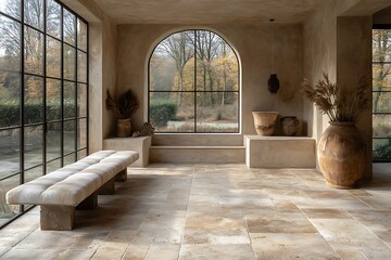 Serene sunlit interior with arched window and stone floor