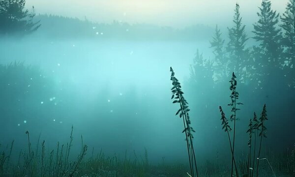 Misty Morning Landscape with Soft Blue Hues, Delicate Silhouettes of Plants, and a Peaceful Foggy Atmosphere, Capturing Tranquility and the Beauty of Nature
