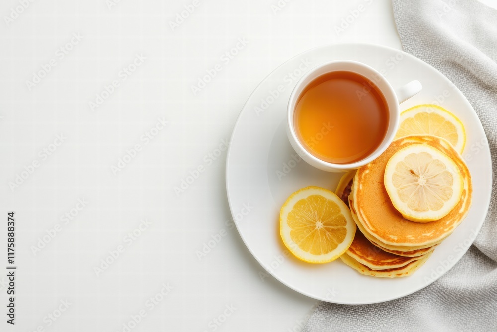 Aufkleber delicious pancakes with lemon slices and a cup of tea on a white surface in a cozy breakfast setting