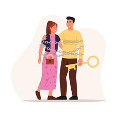 Vector illustration of abusive relationships. Cartoon scene man and smiling woman hugging, chained with lock, key isolated on white background. Toxic relationship. Control, manipulation. Victim.