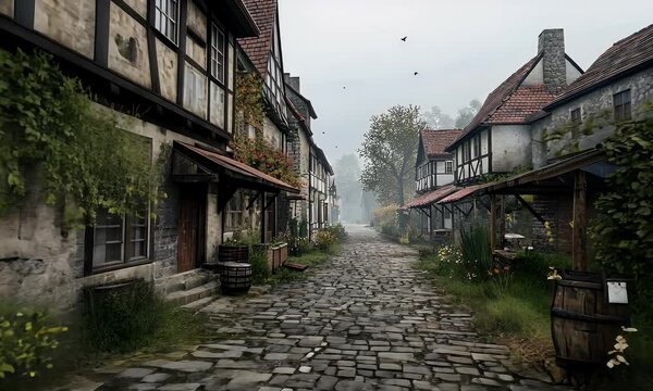 Charming Medieval Village Street with Half-Timbered Houses, Cobblestone Path, and a Misty Atmosphere, Capturing Historic Architecture and Tranquil Rural Life