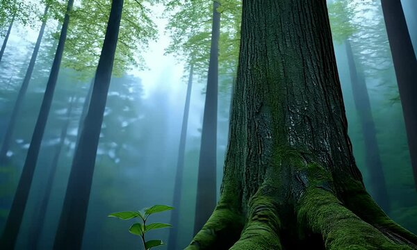 Misty Forest with Tall Trees and Moss-Covered Trunks, Illuminated by Soft Light Filtering Through the Canopy, Creating a Serene and Enchanting Natural Atmosphere