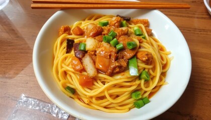 Home-style noodles with meat and vegetables served on a plate