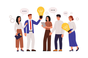 Vector illustration creative team with new ideas. Cartoon scene stylish guys and girls with light bulbs, tablets, discuss business ideas isolated on white background. Business group of people.