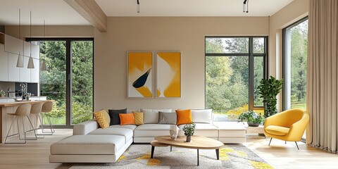 Modern open concept living room, bright interior design, orange accents, large abstract painting, floor-to-ceiling windows, white walls, wooden elements, minimalist furniture, natural light, spacious 
