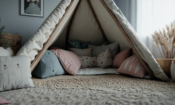 Cozy Indoor Tent Setup with Cushions and Soft Fabrics in Neutral and Pastel Colors, Creating a Relaxing and Playful Space for Kids or a Peaceful Reading Nook