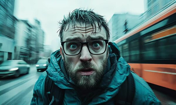 Close-Up of a Frightened Man with Glasses and Wet Hair in an Urban Setting, Capturing Shock, Confusion, and Intensity Amidst a Blurred Cityscape
