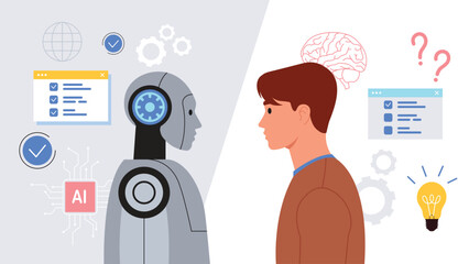 Vector illustration of a beautiful robot and man. Cartoon scene of artificial intelligence vs human mind, light bulbs, new ideas, question marks, check mark tab, isolated on gray and white background.