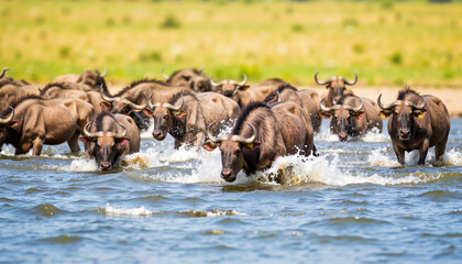 Wildebeests crossing river in savannah, dynamic nature encounter