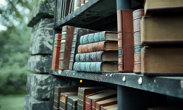 Close-Up of Antique Leather-Bound Books on a Rustic Bookshelf with Weathered Spines, Capturing the Charm of Vintage Literature and Timeless Knowledge