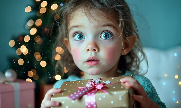 Adorable Little Girl with Wide Eyes Holding a Gift Box in Front of a Festive Christmas Tree, Capturing Wonder and Holiday Excitement