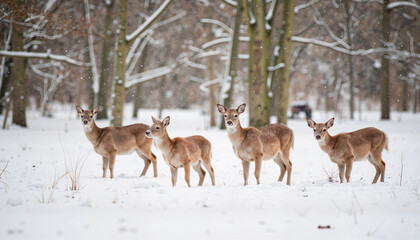Herd of deer standing in snowy winter forest clearing, nature's beauty