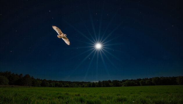 Silent owl soaring over moonlit field beneath starry night, nature's grace