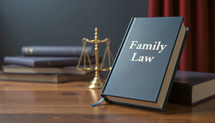 Family law book with scales of justice, legal concept of divorce, child custody, and family disputes.