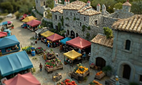 Charming Stone Village Market with Colorful Canopies and Floral Stalls in a Picturesque Courtyard Surrounded by Rustic Architecture and Lush Greenery