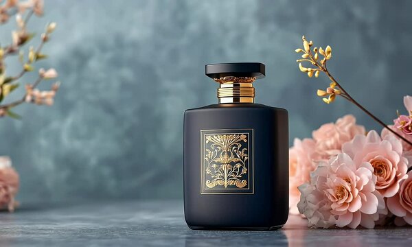 Elegant Black Perfume Bottle with Gold Detailing and Floral Elements on a Soft Blue Background, Highlighting Luxury Fragrance and Sophisticated Packaging Design