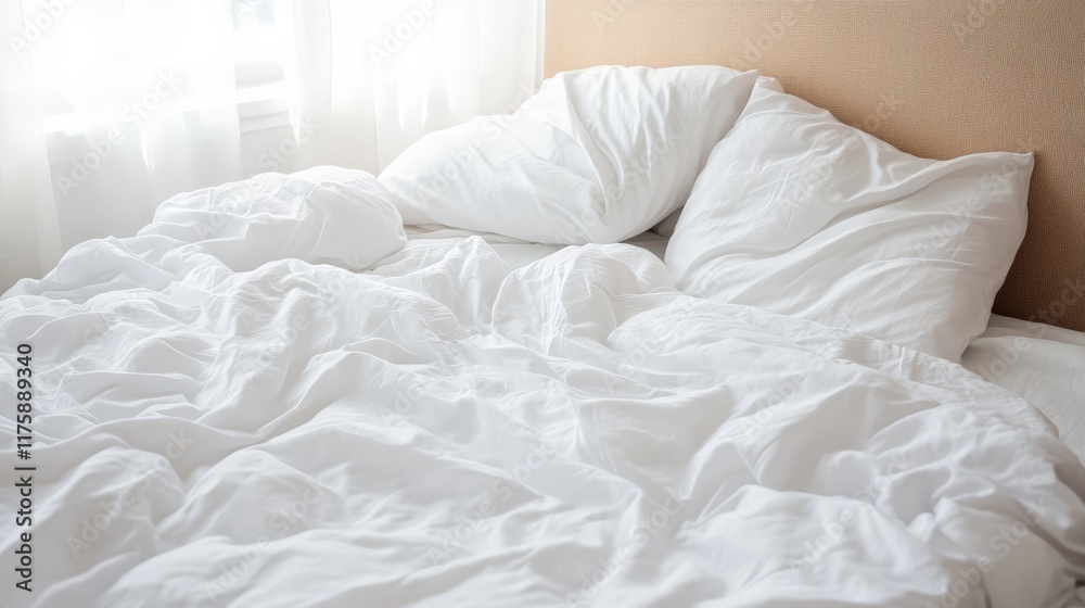 Poster unmade bed with crumpled white bedsheet and pillows after sleeping with morning sunlight shining thr