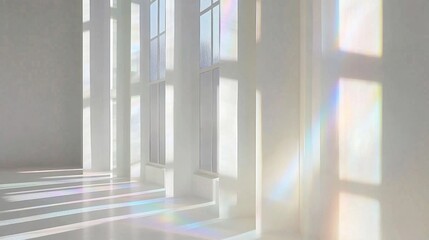 Obraz premium Sunlight streams through windows in a minimalist room, casting rainbow prisms on the floor.