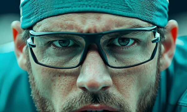 Intense Close-Up of a Medical Professional Wearing Glasses and a Surgical Cap, Highlighting Focus and Determination in a Clinical Setting