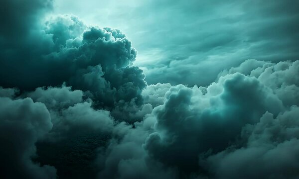 Dramatic Cloudscape with Dense, Moody Teal Clouds Rolling Across a Serene and Atmospheric Sky