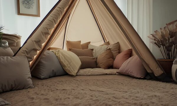 Cozy Indoor Tent with Neutral-Toned Cushions and Pillows Creating a Relaxing and Stylish Boho-Inspired Retreat in a Minimalist Space