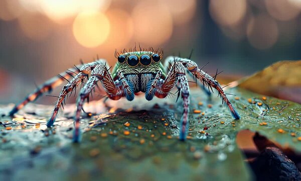 Close-Up Macro Shot of a Jumping Spider with Detailed Eyes and Hairy Legs on a Leaf, Set Against a Soft, Bokeh Background
