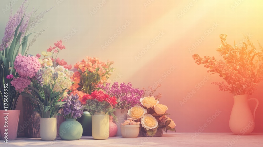 Aufkleber brightly colored flowers arranged in vases against a softly lit backdrop during a serene afternoon. 