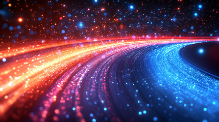 Vibrant streaks of light representing virtual data transfer and network connectivity in motion blurred dynamic lines on a bright abstract background symbolizing chaos energy and seamless digital commu