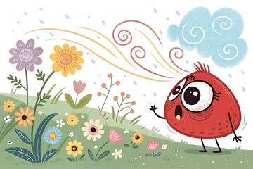 Playful cartoon of red watery eye near flowers and swirling pollen, exaggerated allergy discomfort