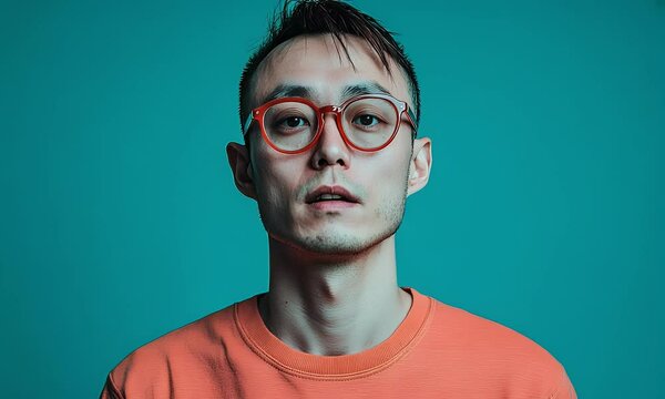 Minimalist Portrait of a Man Wearing Bold Red Glasses and an Orange Shirt Against a Teal Background, Highlighting Modern Style and Clean Aesthetics