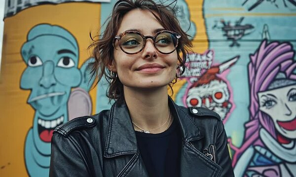 Portrait of a Smiling Woman in Round Glasses and Leather Jacket Standing in Front of Vibrant Urban Street Art with a Playful and Creative Vibe
