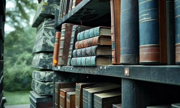 Close-Up of Vintage Leather-Bound Books on a Rustic Bookshelf, Showcasing Antique Textures, Classic Spines, and Timeless Literary Charm