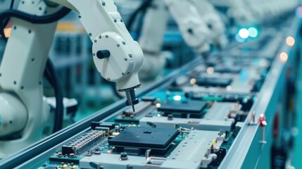 Robotic Arms Assembling Circuit Boards on a Conveyor Belt in a Modern Factory: A Glimpse into Automated Manufacturing