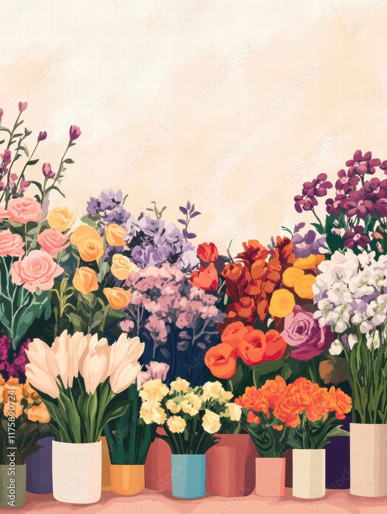Poster Colorful flower arrangements in pots create a vibrant display of nature indoors during spring. Generative AI