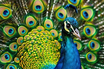Fototapeta premium Colorful peacock displaying its magnificent feathers in a lush green garden during the daytime