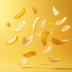 Obraz premium Floating potato chips against a vibrant yellow background in mid-air.