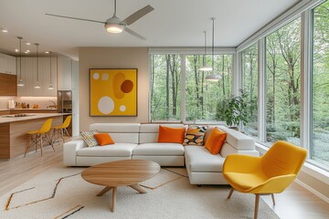 modern open living room, large windows, forest view, white sectional sofa, yellow accent chair, wooden coffee table, minimalist kitchen, yellow abstract art, bright interior, natural light, contempora