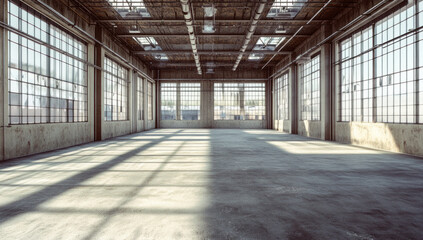 Sunlit empty industrial warehouse interior.