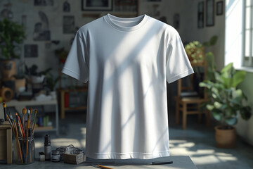 White t-shirt displayed in a cozy art studio filled with natural light and painting supplies