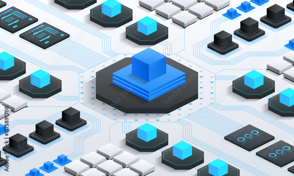 Poster abstract tech network. interconnected blue and black blocks on a circuit board symbolize data flow, 