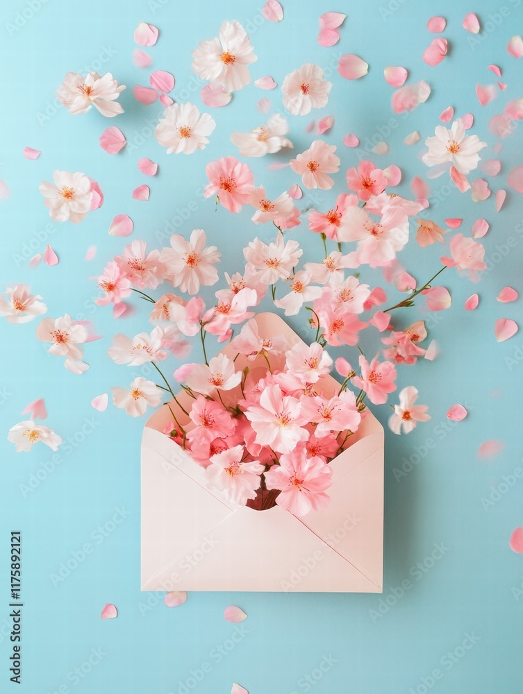 Poster bright pink flowers cascading from an envelope against a blue background in a cheerful floral displa