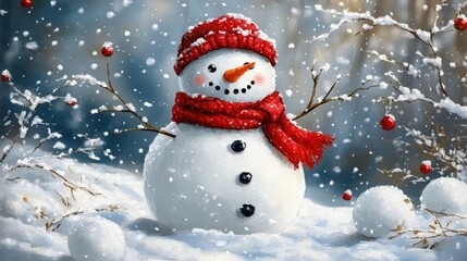 Obraz premium Cheerful Snowman in Winter Landscape