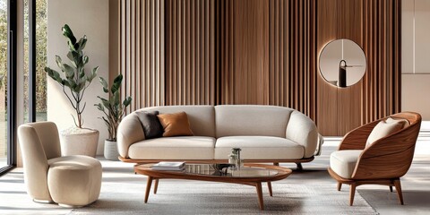 Mid-century modern living room, wood paneled walls, floor-to-ceiling windows, nature view, beige sofa, round coffee table, tan leather lounge chair, indoor plants, minimalist decor, warm lighting, neu