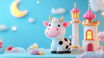 Cute cartoon cow near a mosque at night.