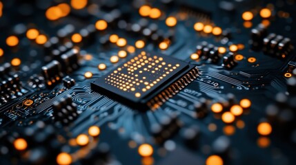 Close-up of illuminated microchip on circuit board.