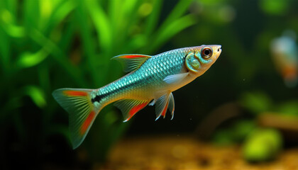 Fototapeta premium A beautiful neon tetra swimming gracefully in a freshwater tank, showcasing its vibrant colors among the aquatic plants and pebbles, ideal for a peaceful aquarium setting.