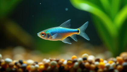 A vivid neon tetra captured in motion within a freshwater tank, surrounded by lush aquatic plants and sparkling pebbles, providing a serene and lively atmosphere.
