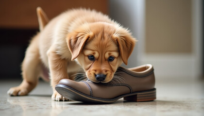 An adorable puppy playfully chewing on a shoe in a cozy indoor setting, showcasing a joyful and curious expression.