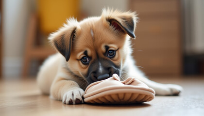 A playful puppy happily chewing on a slipper, showcasing a charming and cheerful expression in a cozy indoor environment.